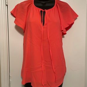 Vici coral tie neck flutter sleeve blouse SMALL